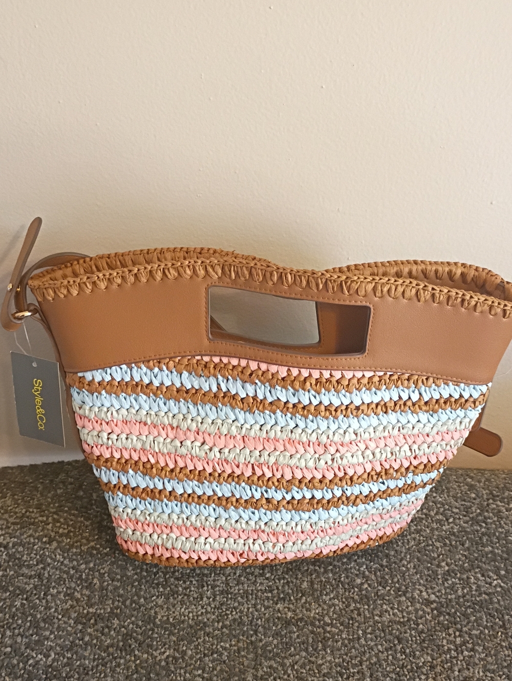 Style & Co. Tan Straw Tote with Pastel Pink & Light Blue Stripes